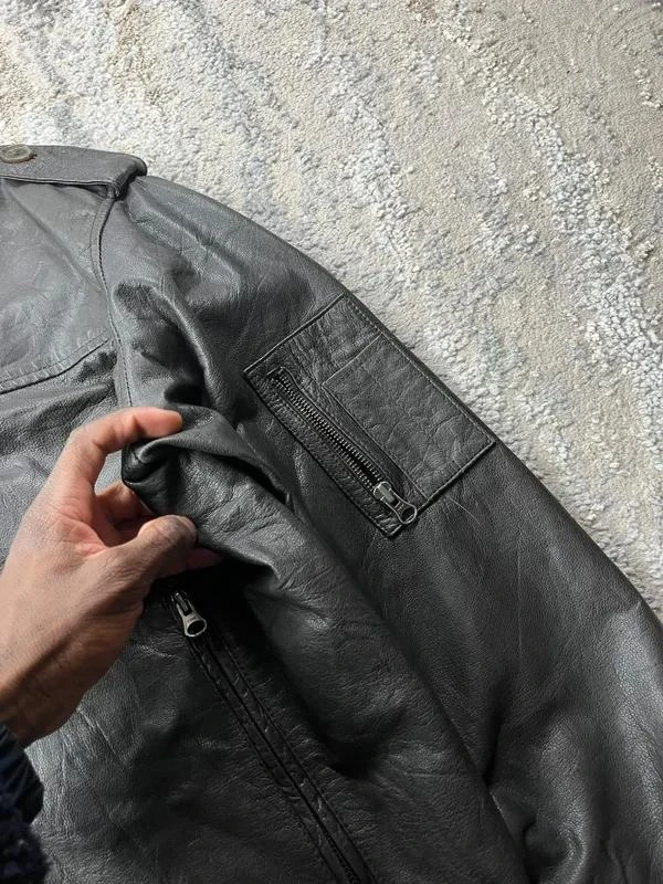 Jaqueta bomber marrom de couro preto com zíper duplo Franklin & Marshall tamanho – photo 6
